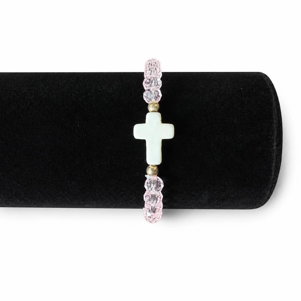 Faceted Light Pink Bead Cross Stretch Bracelet Faith Jewelry Gift Pouch Elegant
